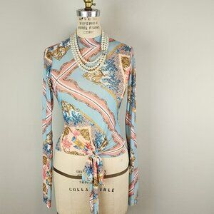 Vintage Guess Nylon Mesh Printed Long Sleeve Blouse with Waist Tie Ladies Medium